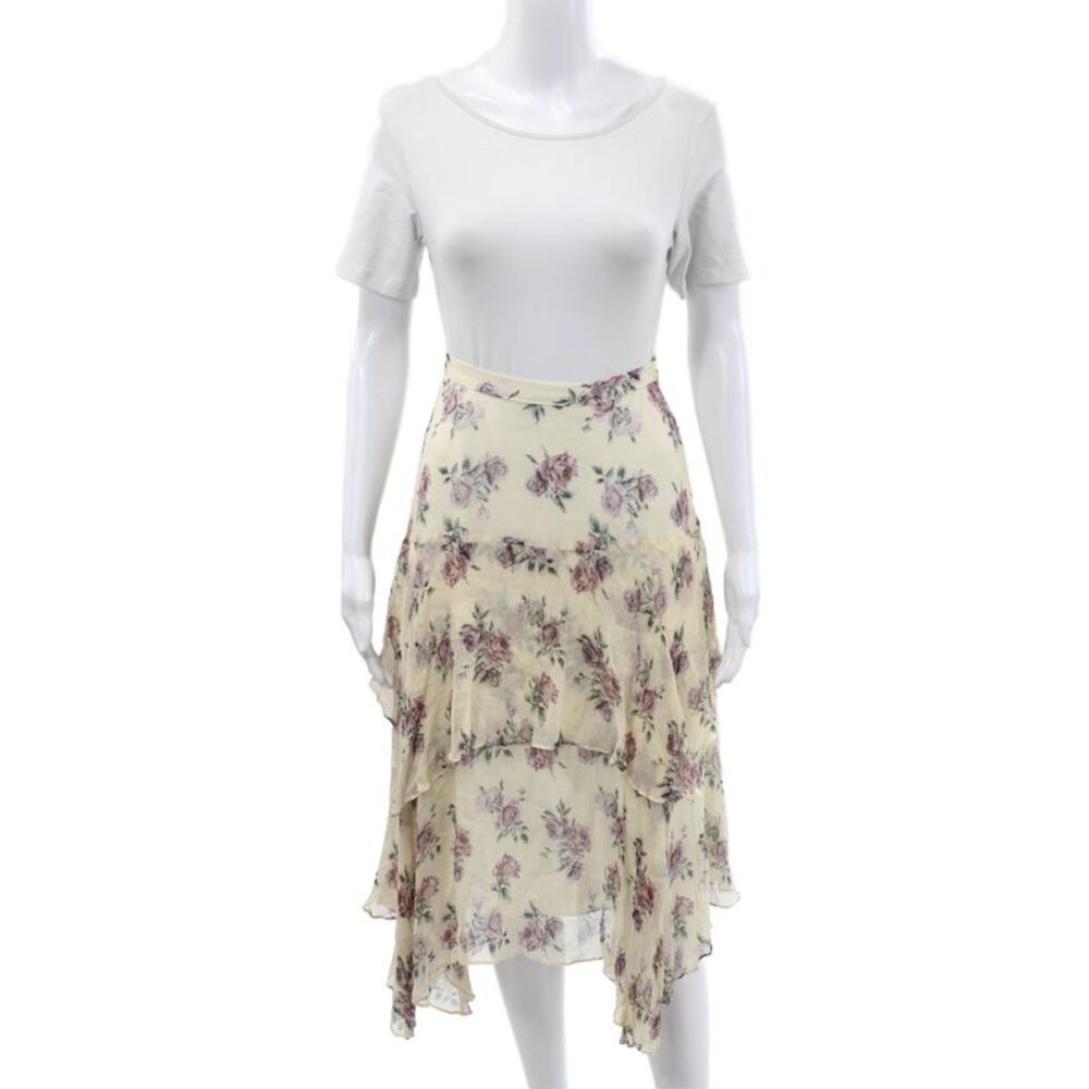 Love Shack Fancy Womens Ivory Floral Silk Flare Long Skirt Size XS